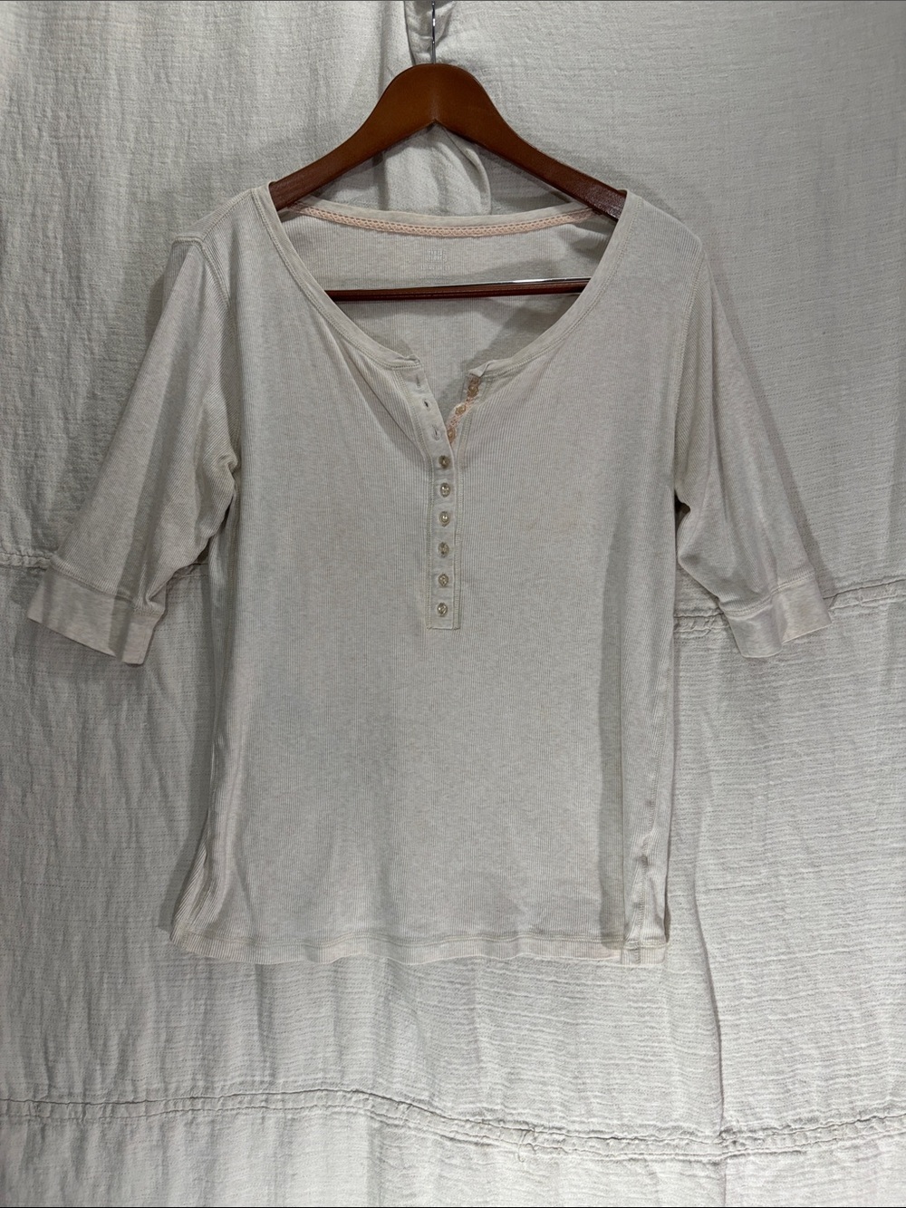 Faded Glory Vintage Y2K Cream Button-Front Henley Top 3/4 Sleeve XL 100% Cotton